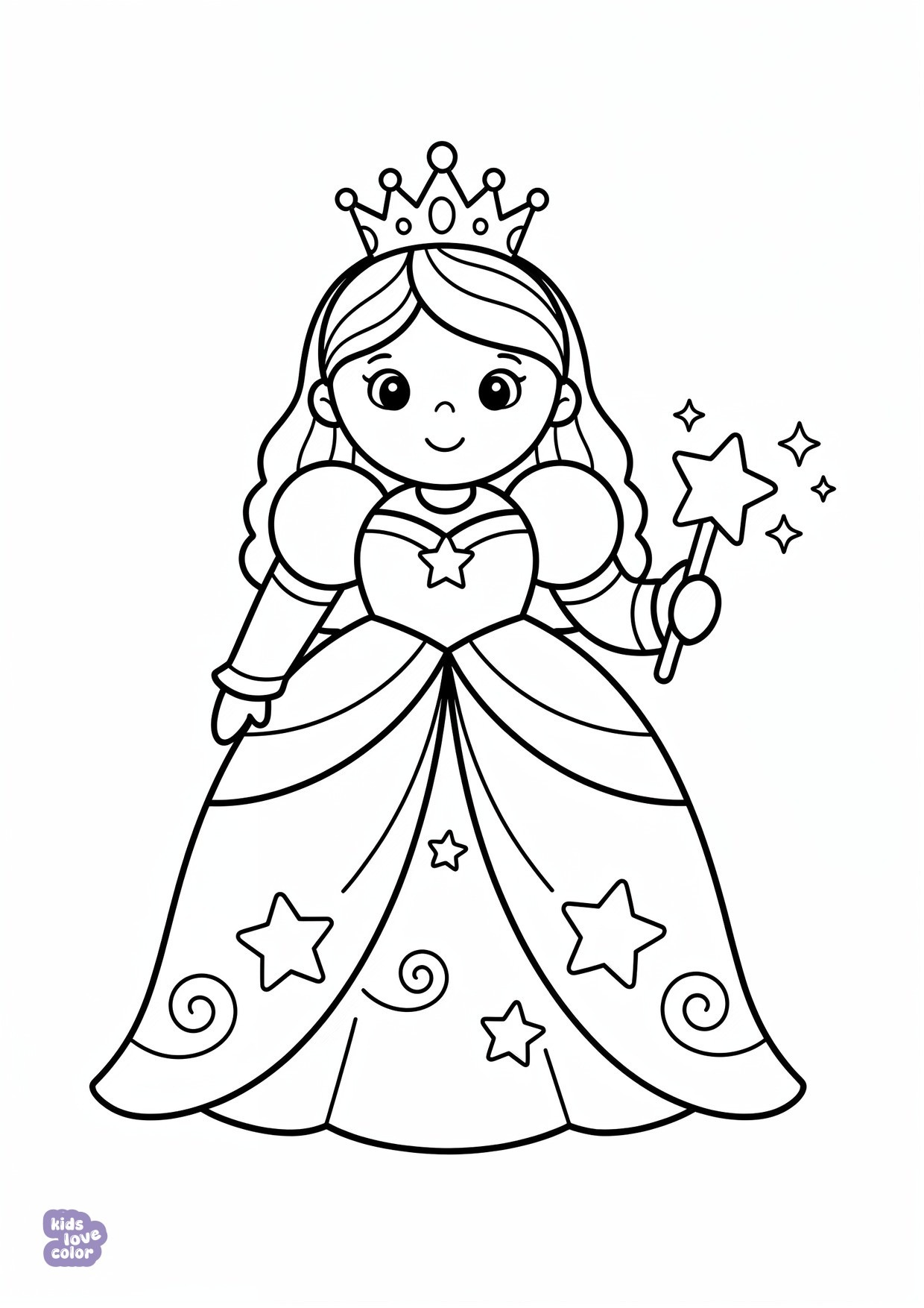 Gratis kleurplaat schattige prinses met toverstokje – kinderen