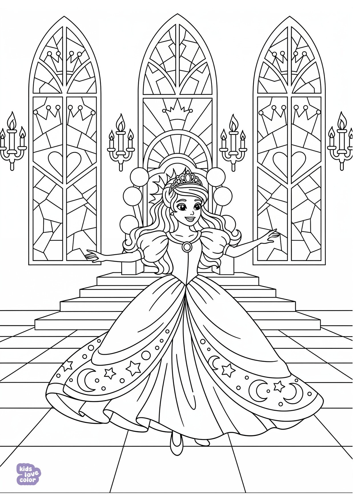Gratis kleurplaat prinses dansend in een kasteel balzaal – kinderen
