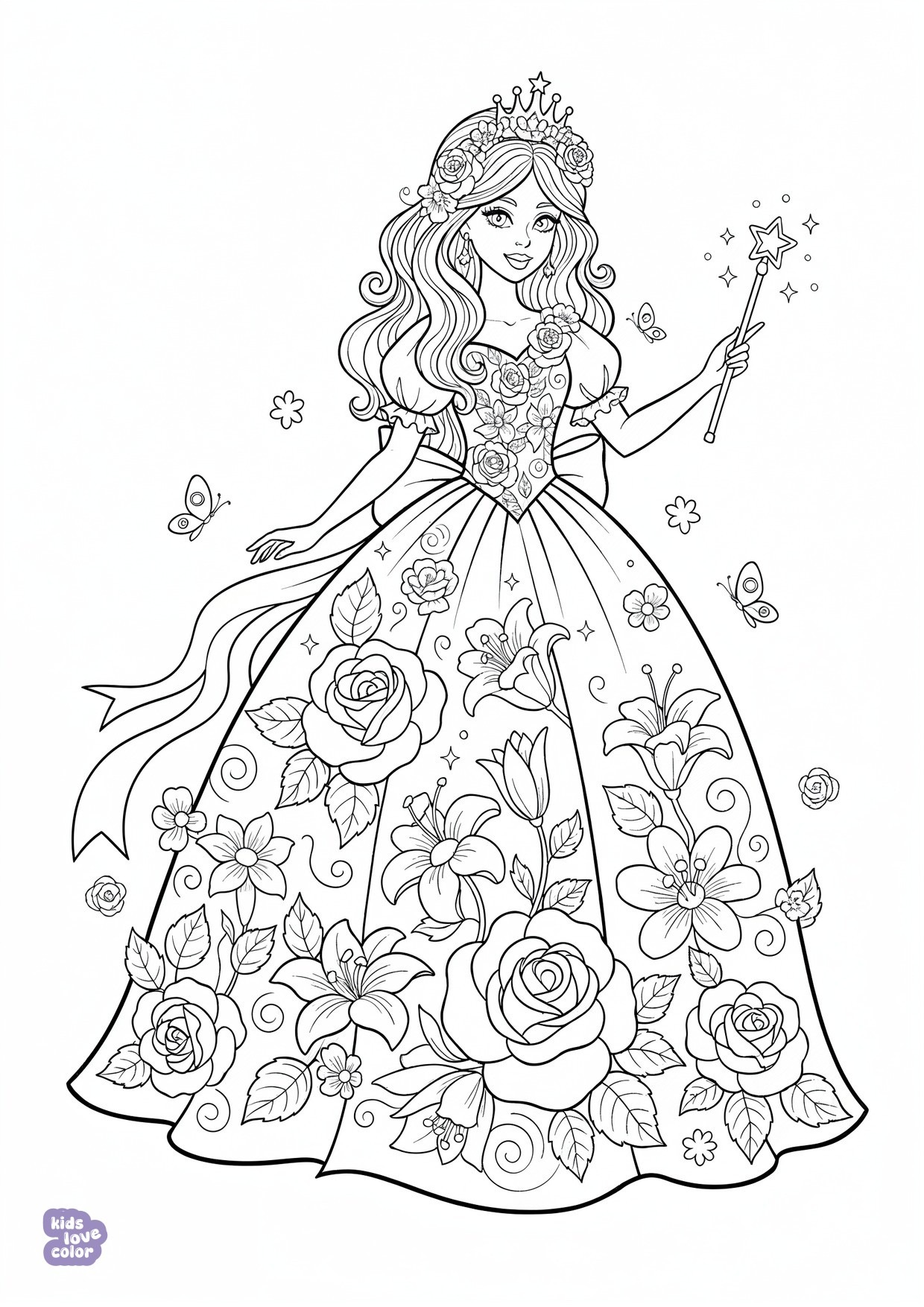 Gratis kleurplaat prinsessenjurk met bloemen – kinderen