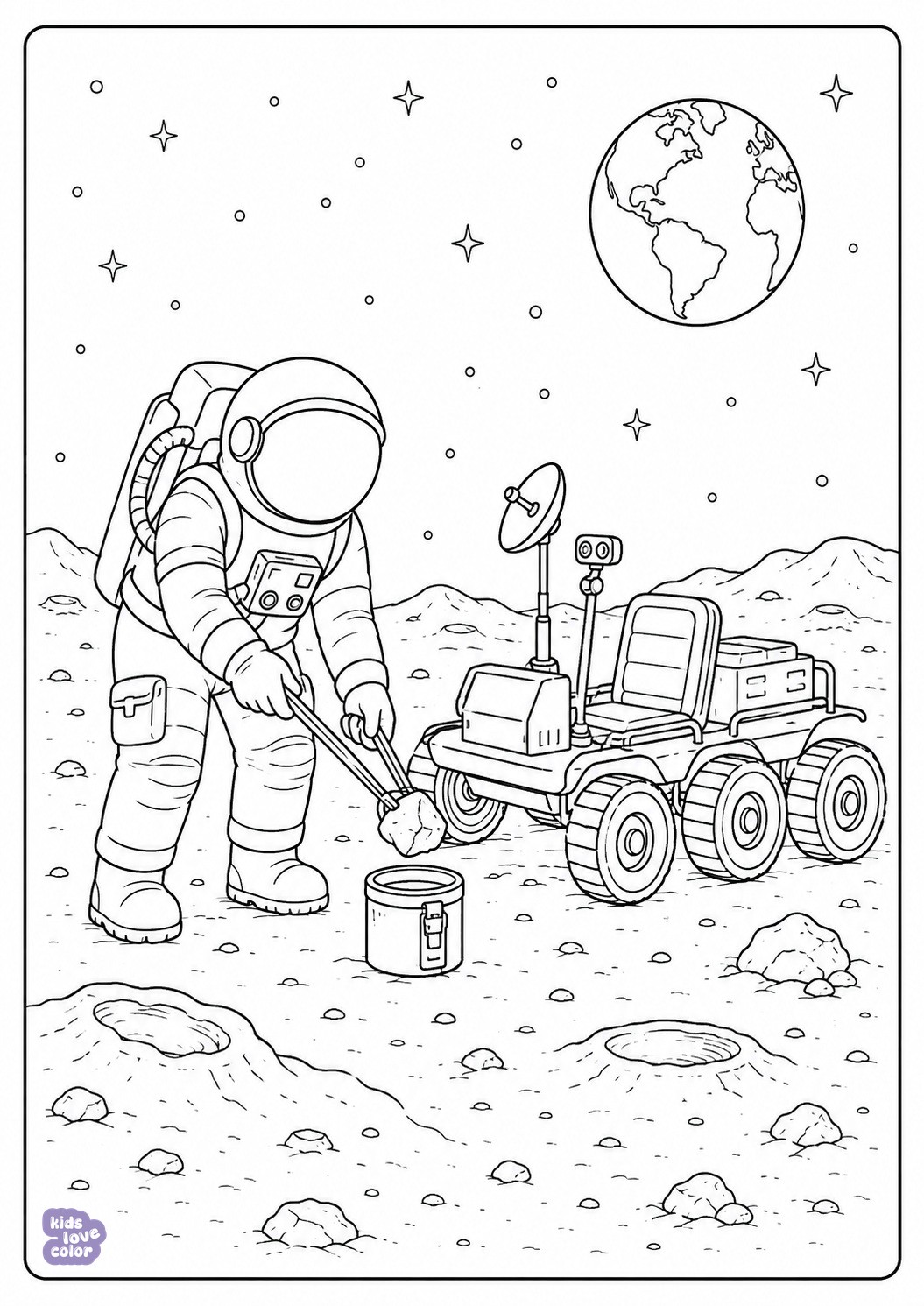 Gratis kleurplaat van een astronaut die naast een maanrover een steen verzamelt