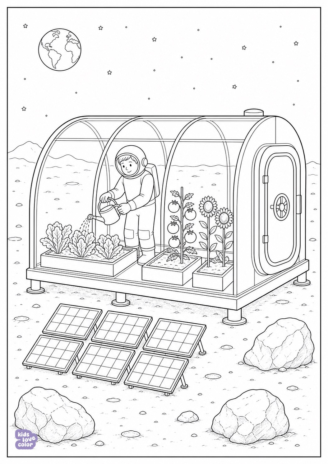 Gedetailleerde kleurplaat van een astronaut die planten water geeft in een kas op de maan