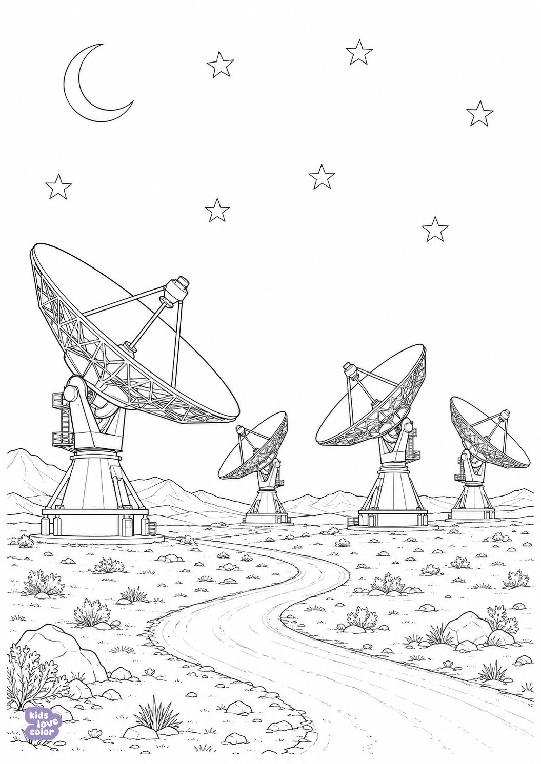 Gedetailleerde kleurplaat van vier radiotelescopen in een open landschap onder sterren en een maansikkel