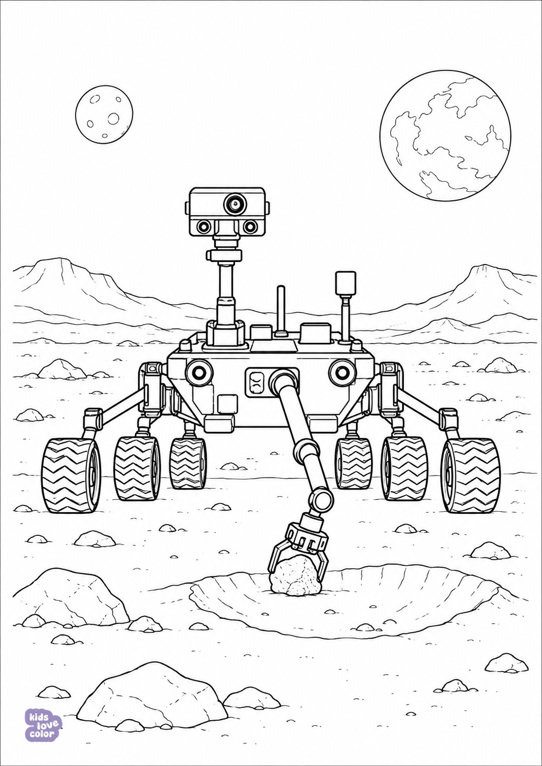Gratis kleurplaat van een Marsrover met zes wielen die een steen verzamelt – kinderen
