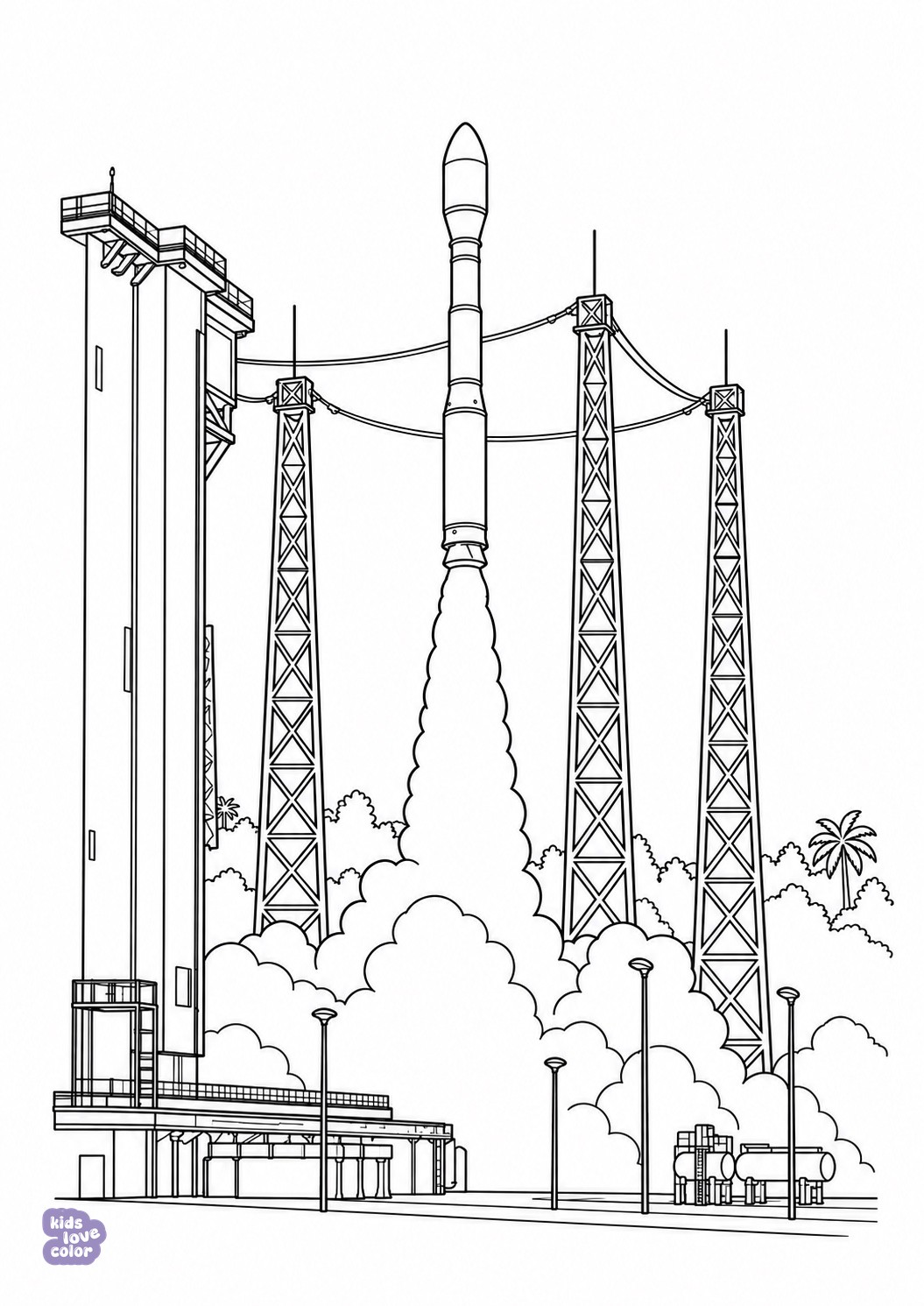 Een Vega-C-raket stijgt op tussen drie hoge bliksemmasten.