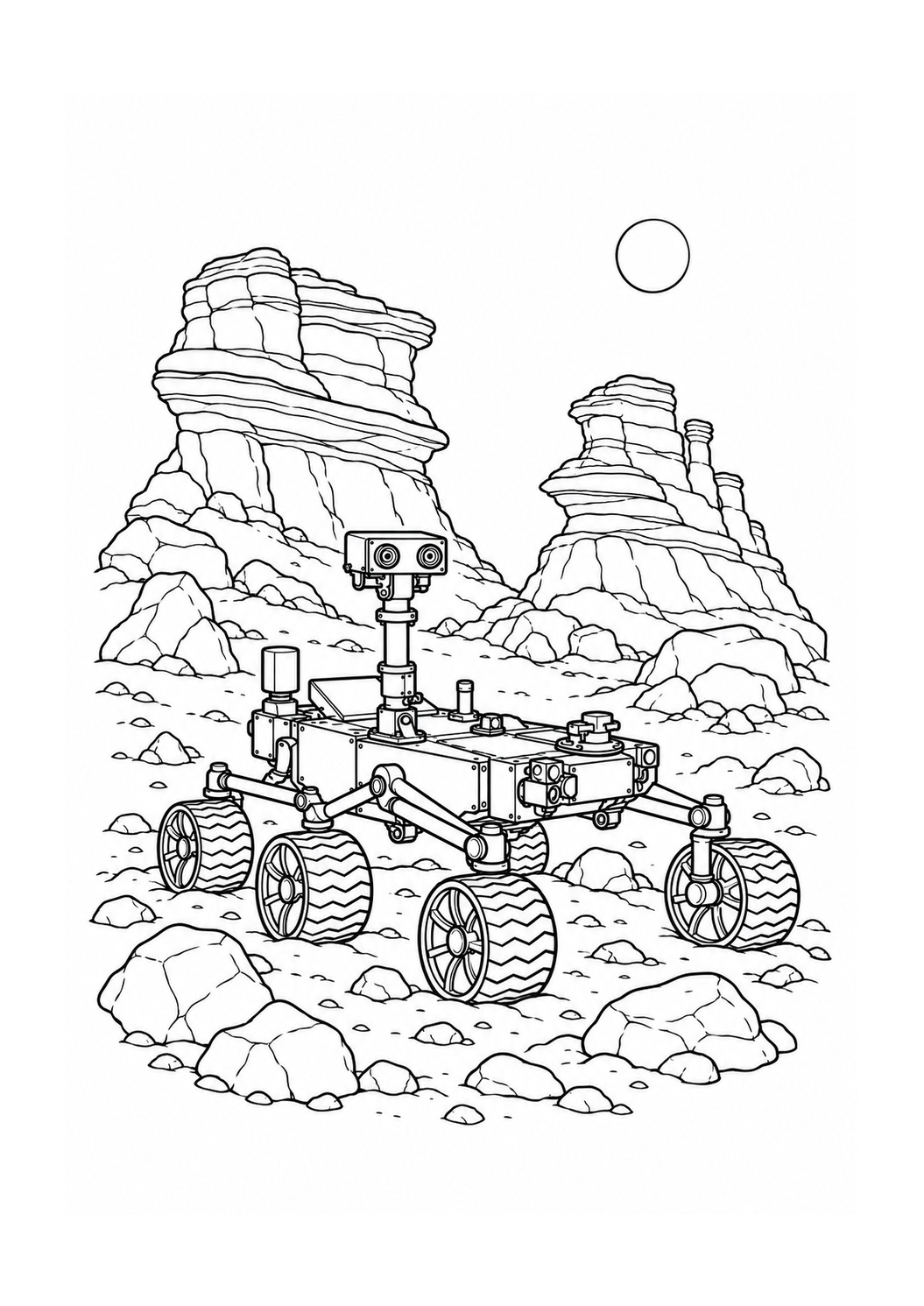 Kleurplaat: Marsrover kijkt naar bijzondere kliffen