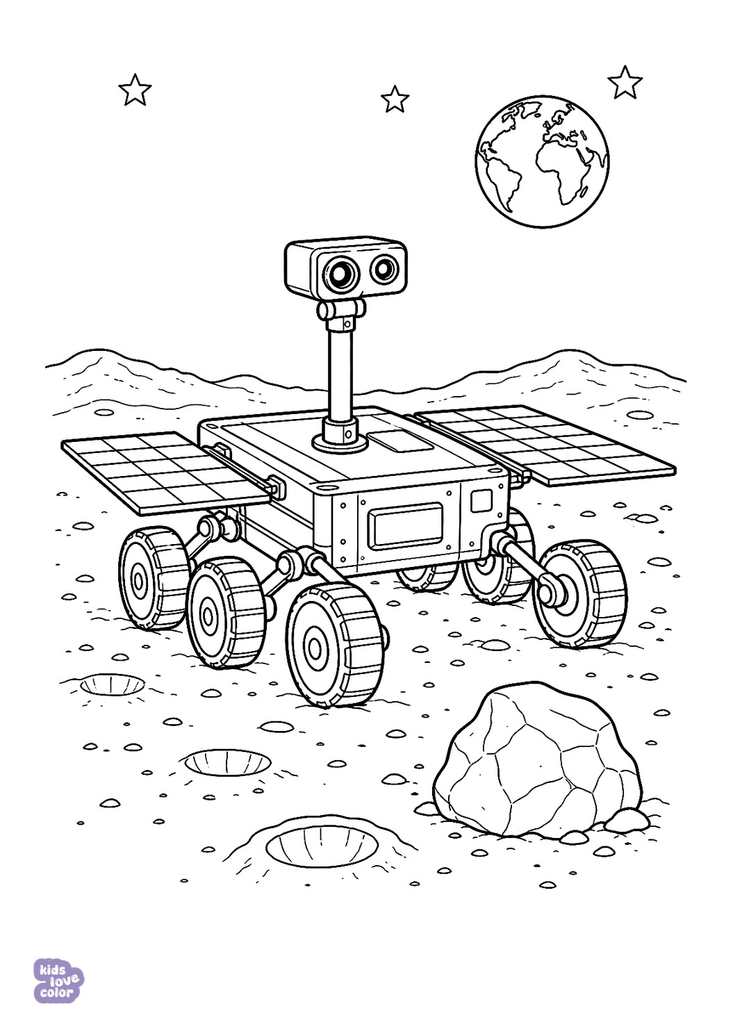 Kleurplaat van een zeswielige robotmaanwagen met cameramast en zonnepanelen op de maan