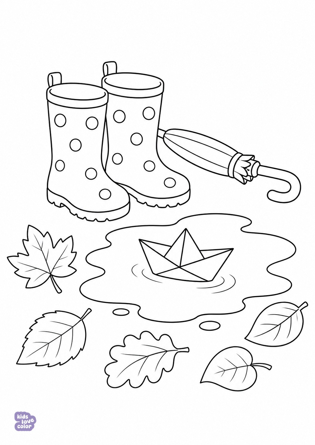 Makkelijke kleurplaat van twee regenlaarzen, een paraplu en een papieren bootje in een herfstplas