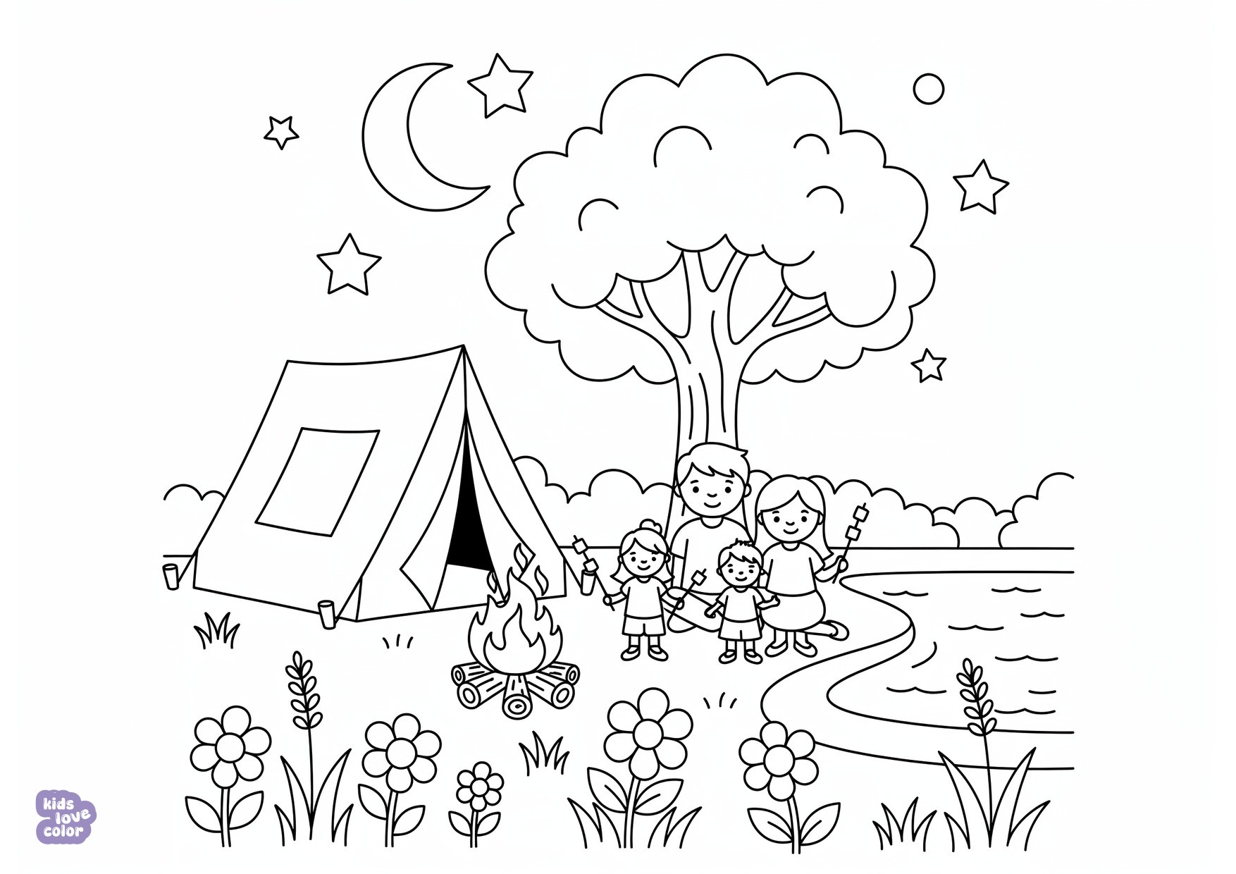 Gratis kleurplaat gezin op kampeervakantie met een tent en kampvuur in de zomer – kinderen