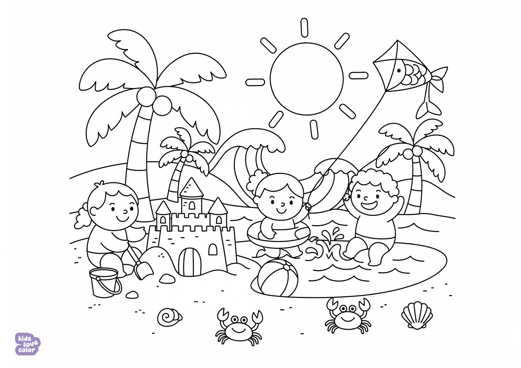 Gratis kleurplaat kinderen die spelen op het strand in de zomer – kinderen