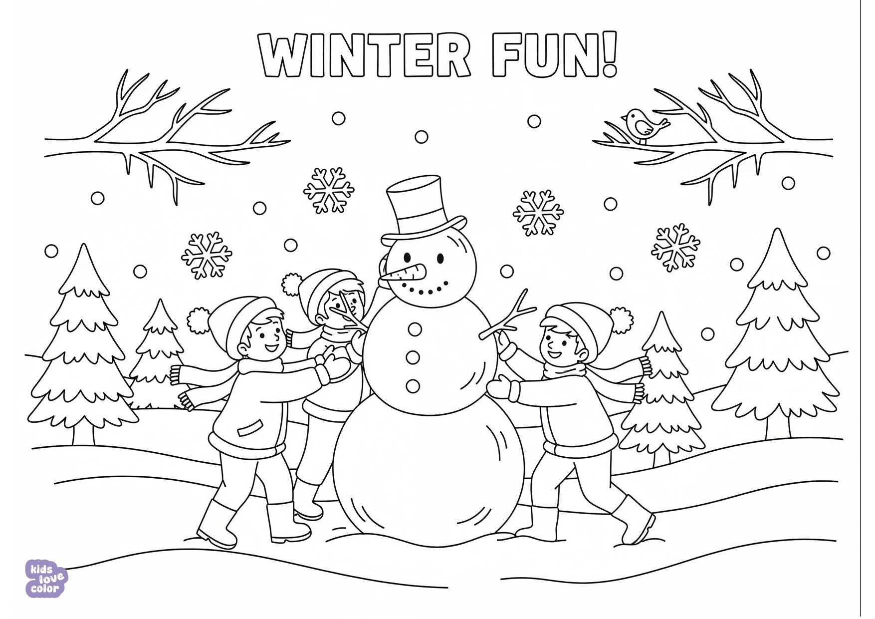 Gratis kleurplaat kinderen die een sneeuwpop maken in de winter – kinderen