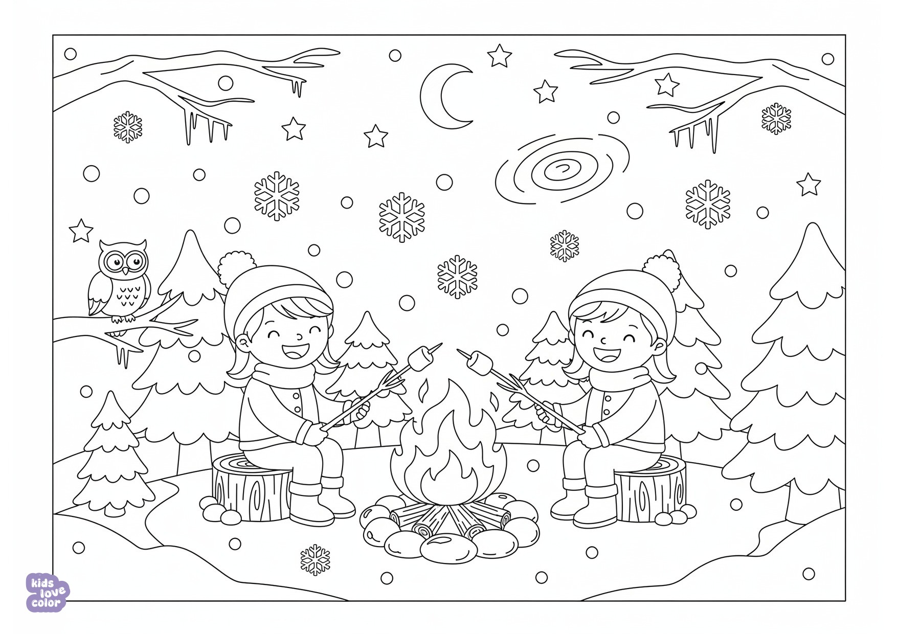 Gratis kleurplaat gezellige kampvuuravond met marshmallows onder een sterrenhemel in de winter – kinderen