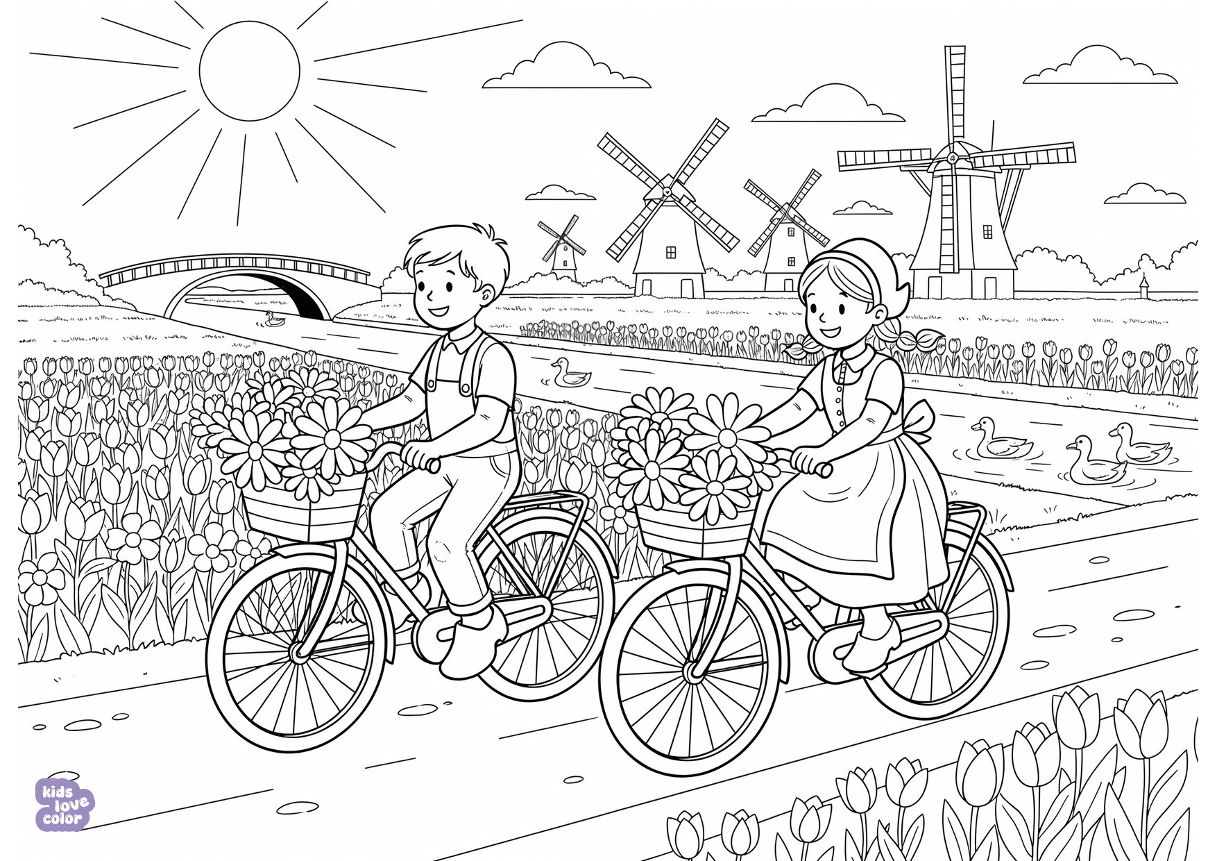 Gratis kleurplaat nederlandse kinderen die langs een gracht fietsen met bloemenmandjes op de fiets in de zomer – kinderen