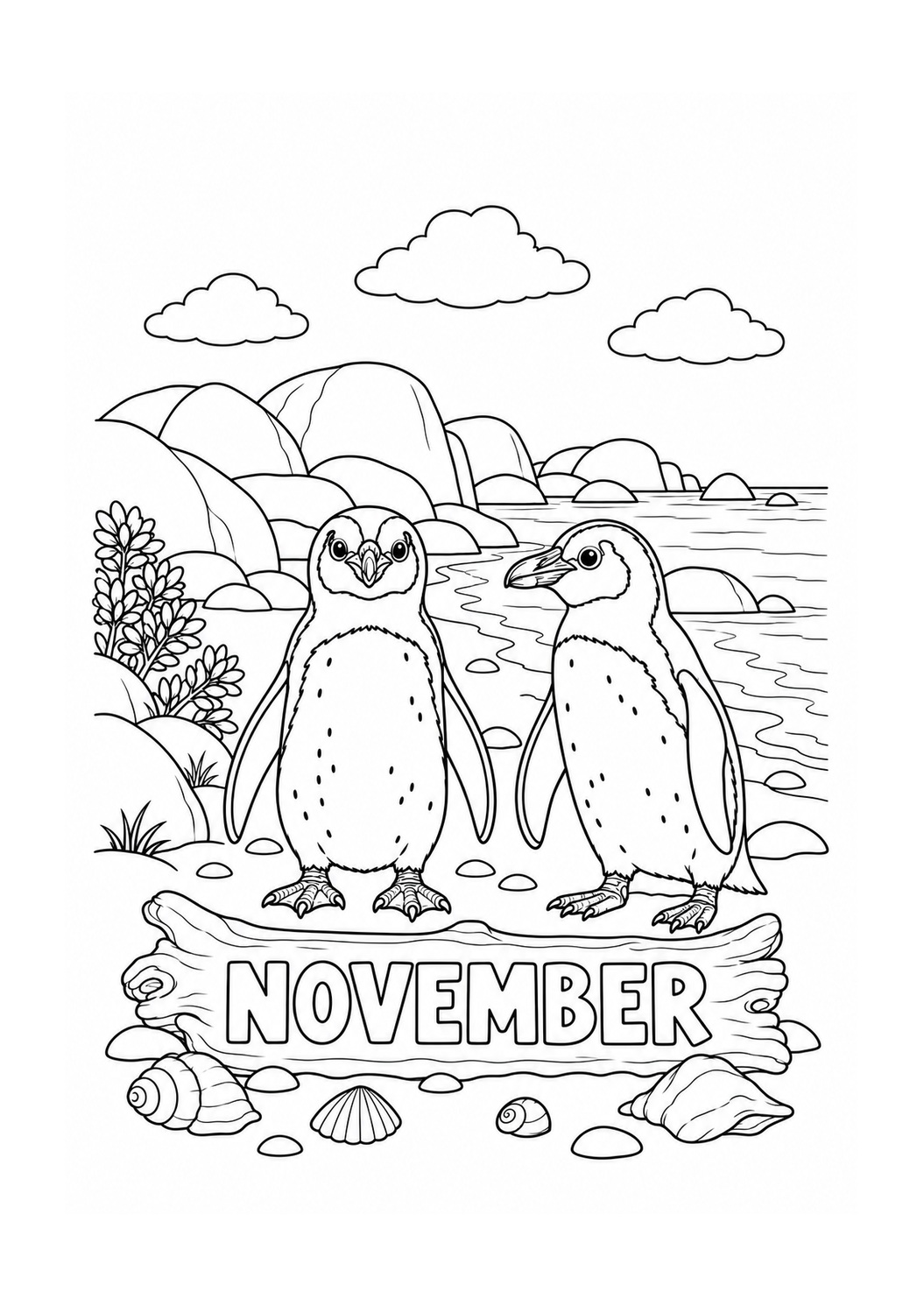 Kleurplaat: November — Pinguïns bij Boulders Beach