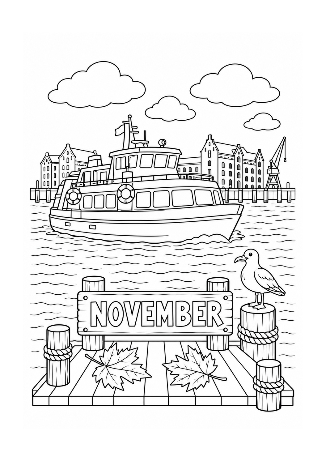 Kleurplaat: November — Havenveer in Hamburg