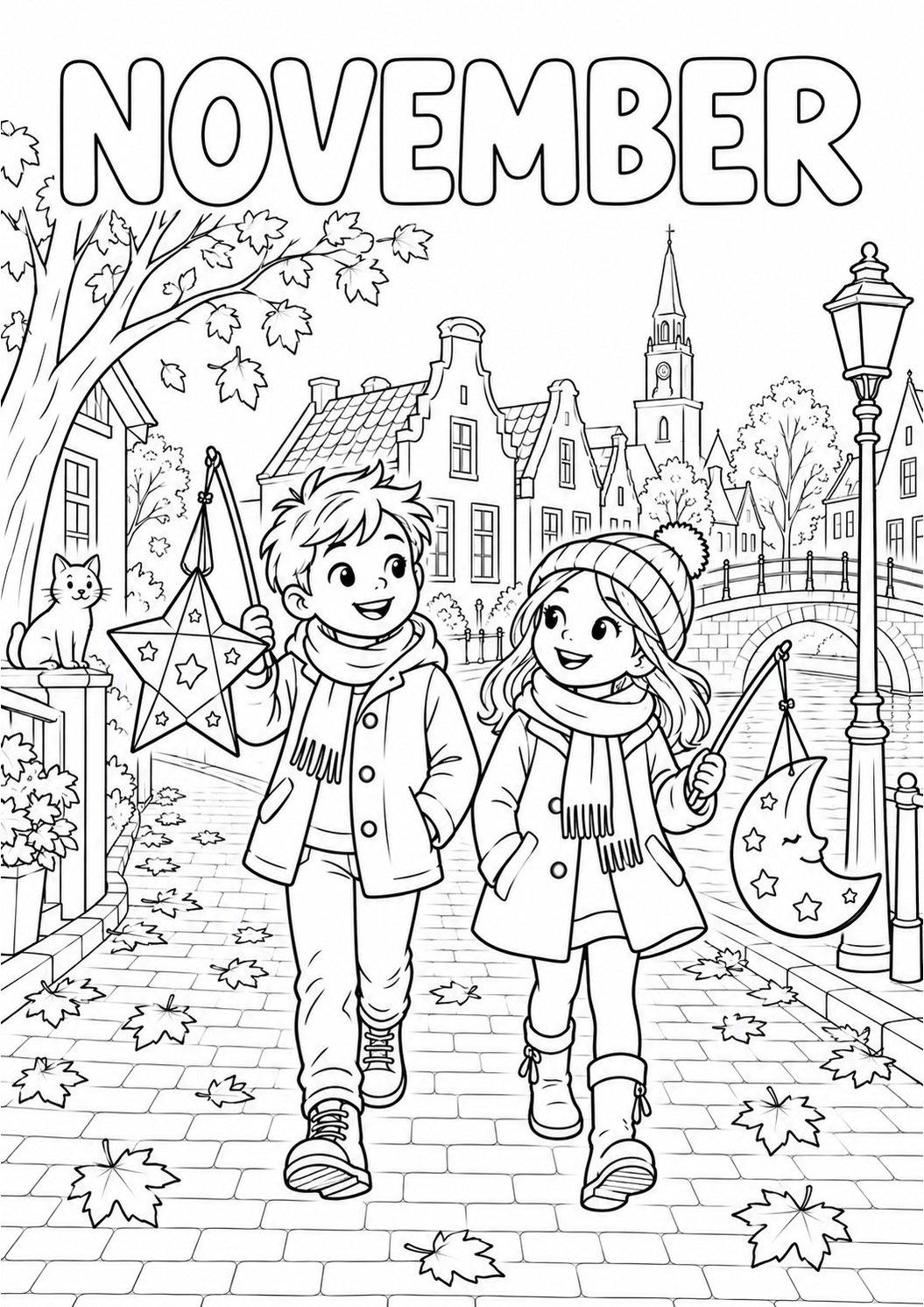 Kleurplaat: November – Kinderen met Lampionnen