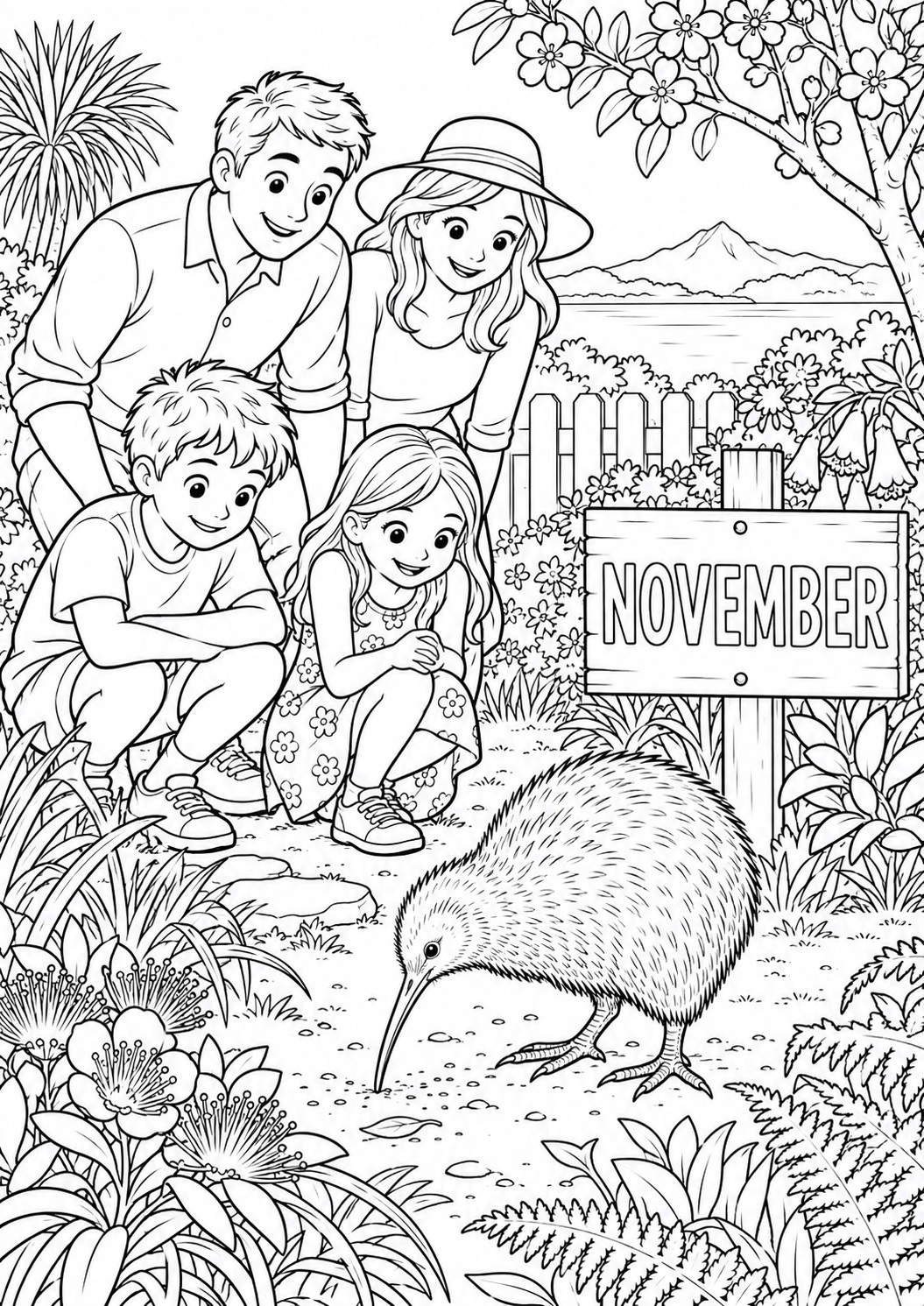 Kleurplaat: November – Kiwi in Nieuw-Zeeland