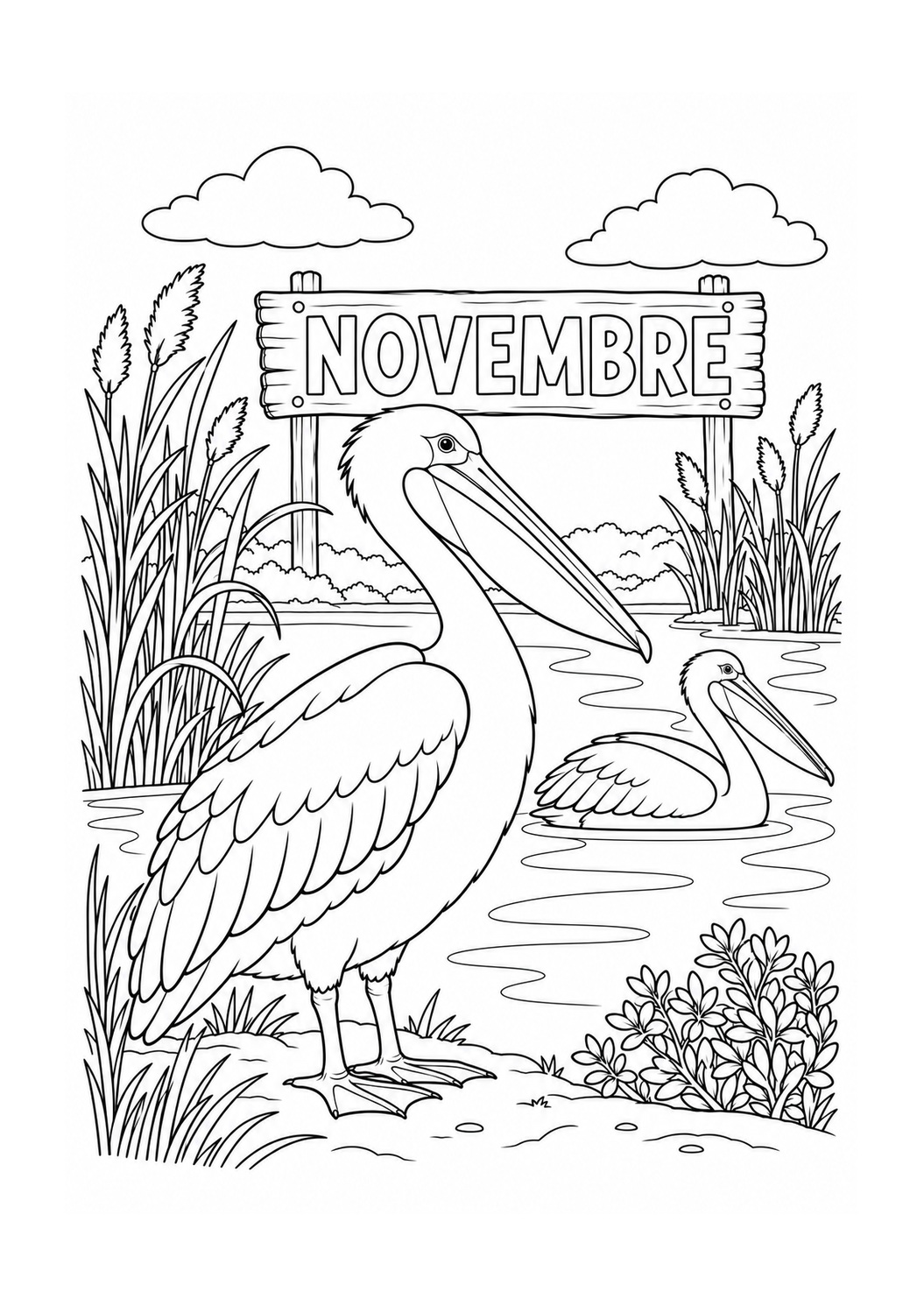 Kleurplaat: Novembre — Pelikanen bij Djoudj in Senegal