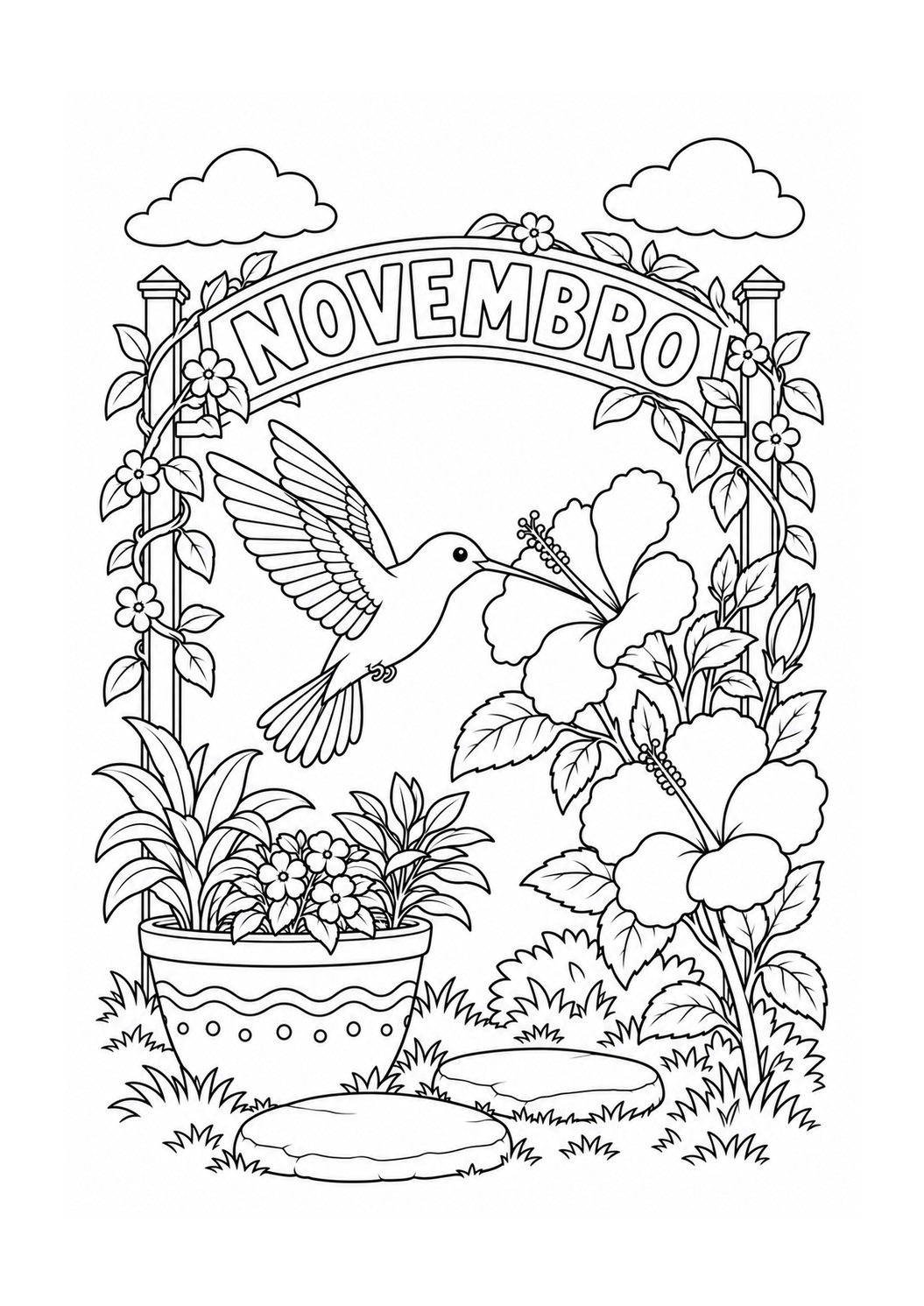 Kleurplaat: Novembro — Kolibri in een Braziliaanse Lentetuin
