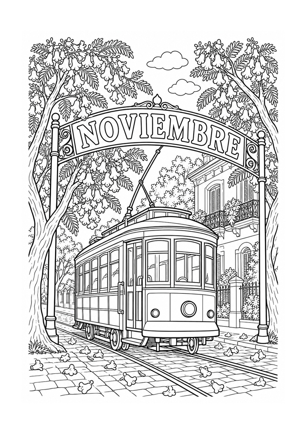 Kleurplaat: Noviembre — Jacaranda’s en een Tram in Buenos Aires