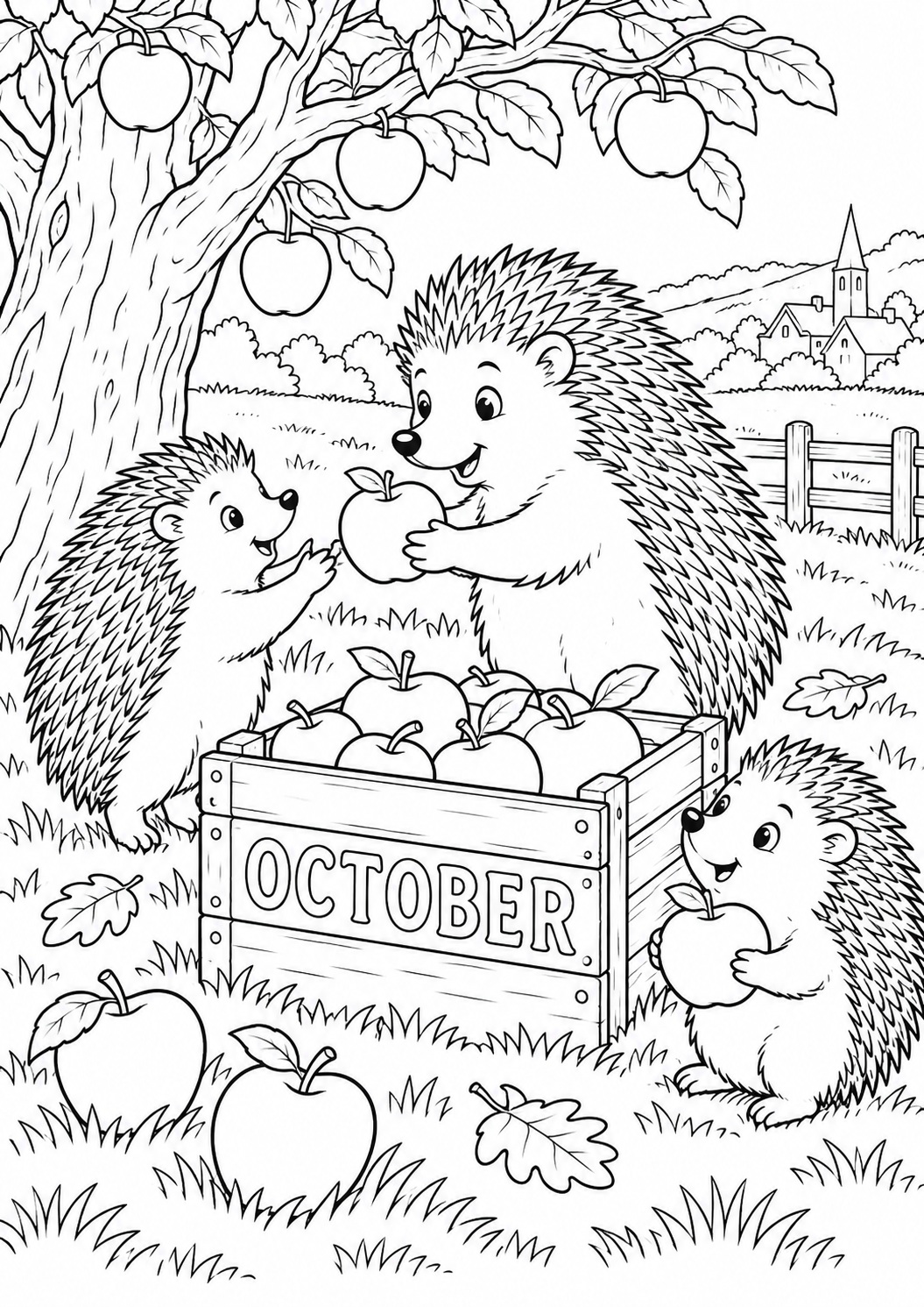 Kleurplaat: Oktober – Egels in de Boomgaard