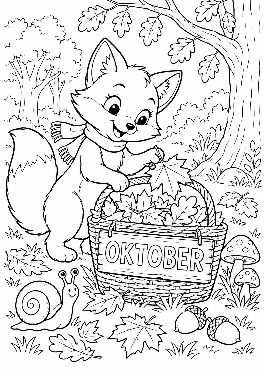 Kleurplaat: Vos Verzamelt Herfstbladeren – Oktober