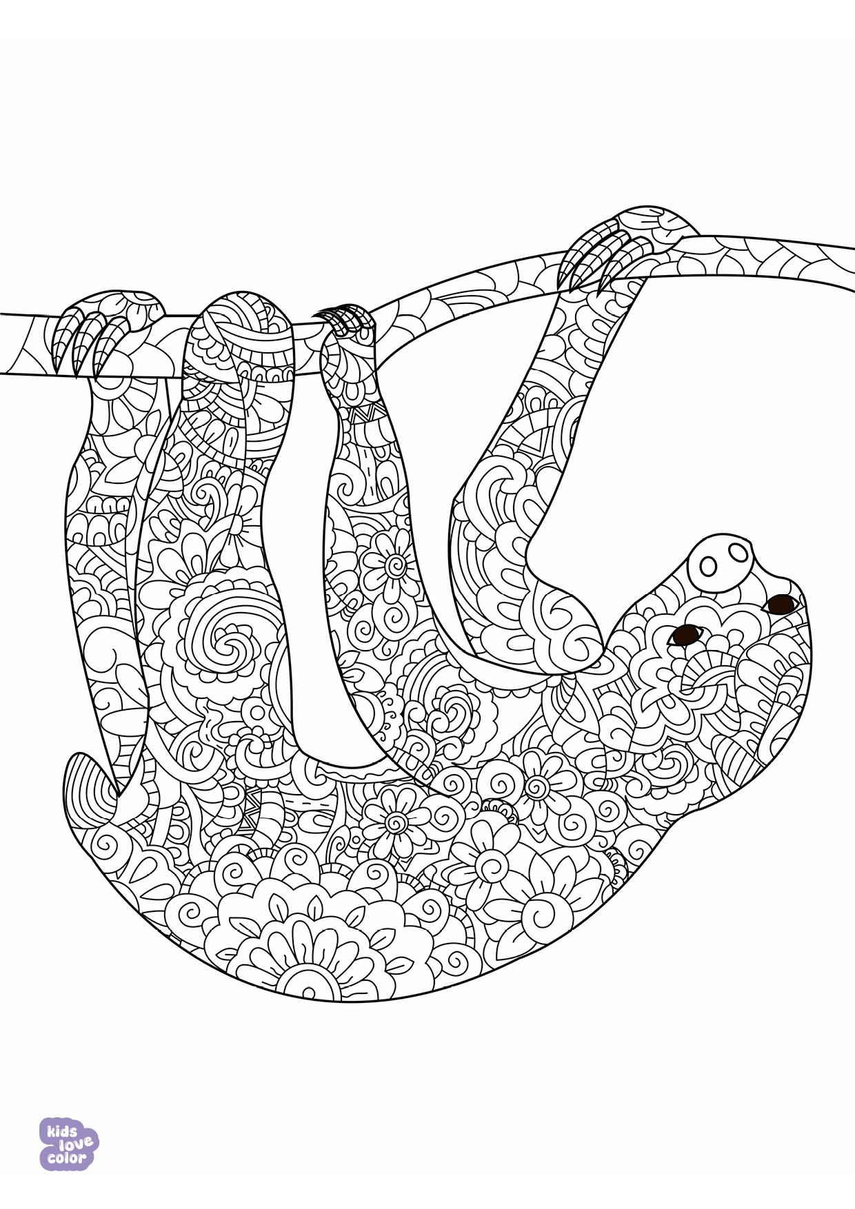 Gratis kleurplaat luiaard mandala hangend – kinderen