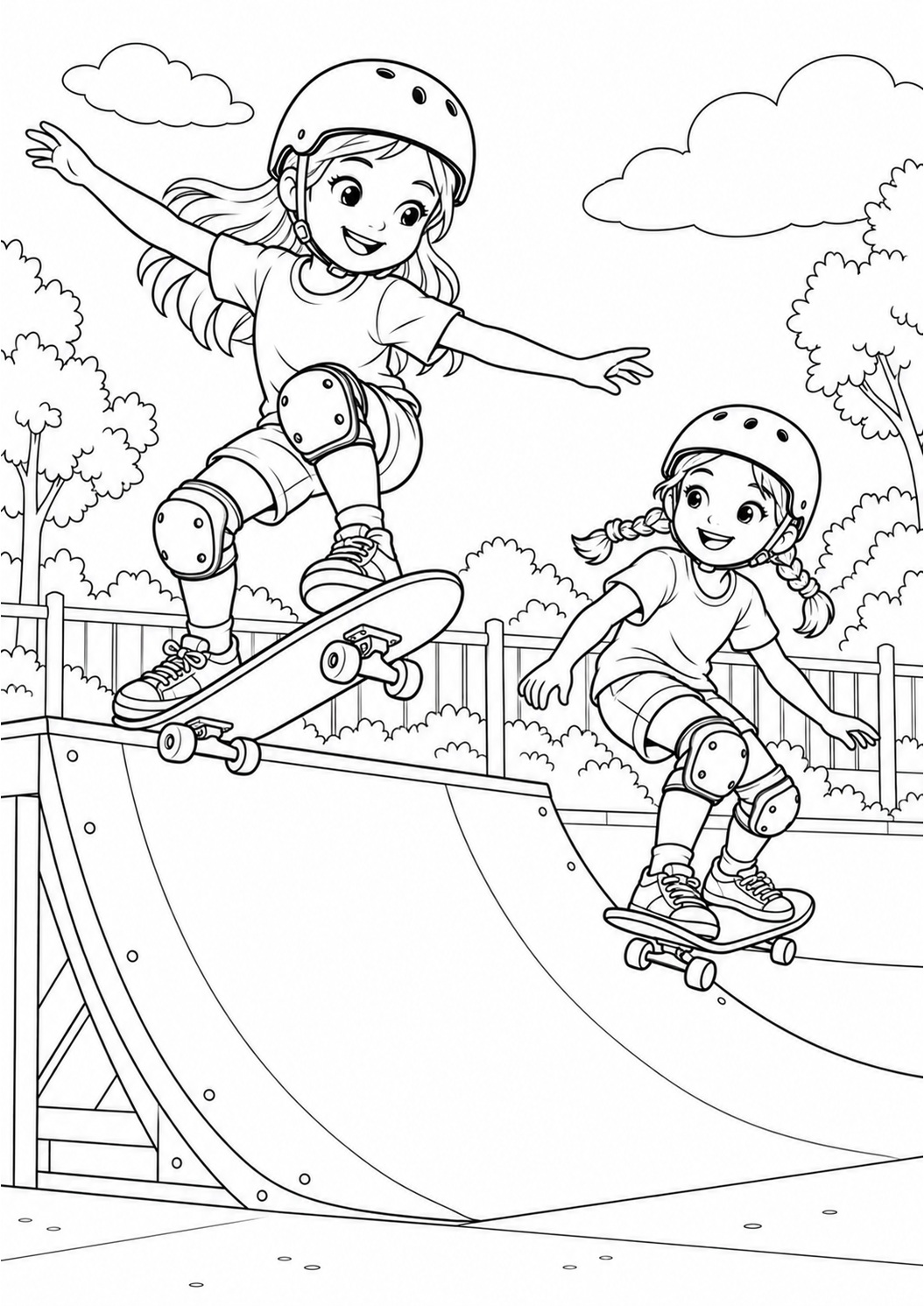 Kleurplaat: Skateboardvriendinnen in het Skatepark