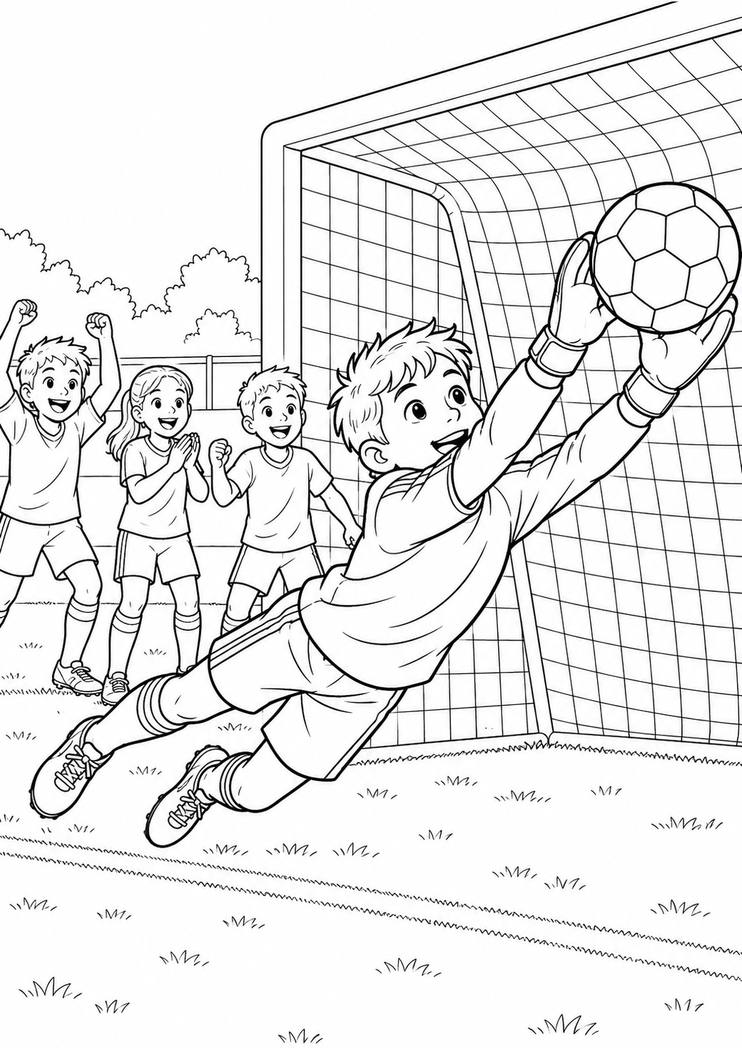 Kleurplaat: Jonge Keeper Redt de Bal