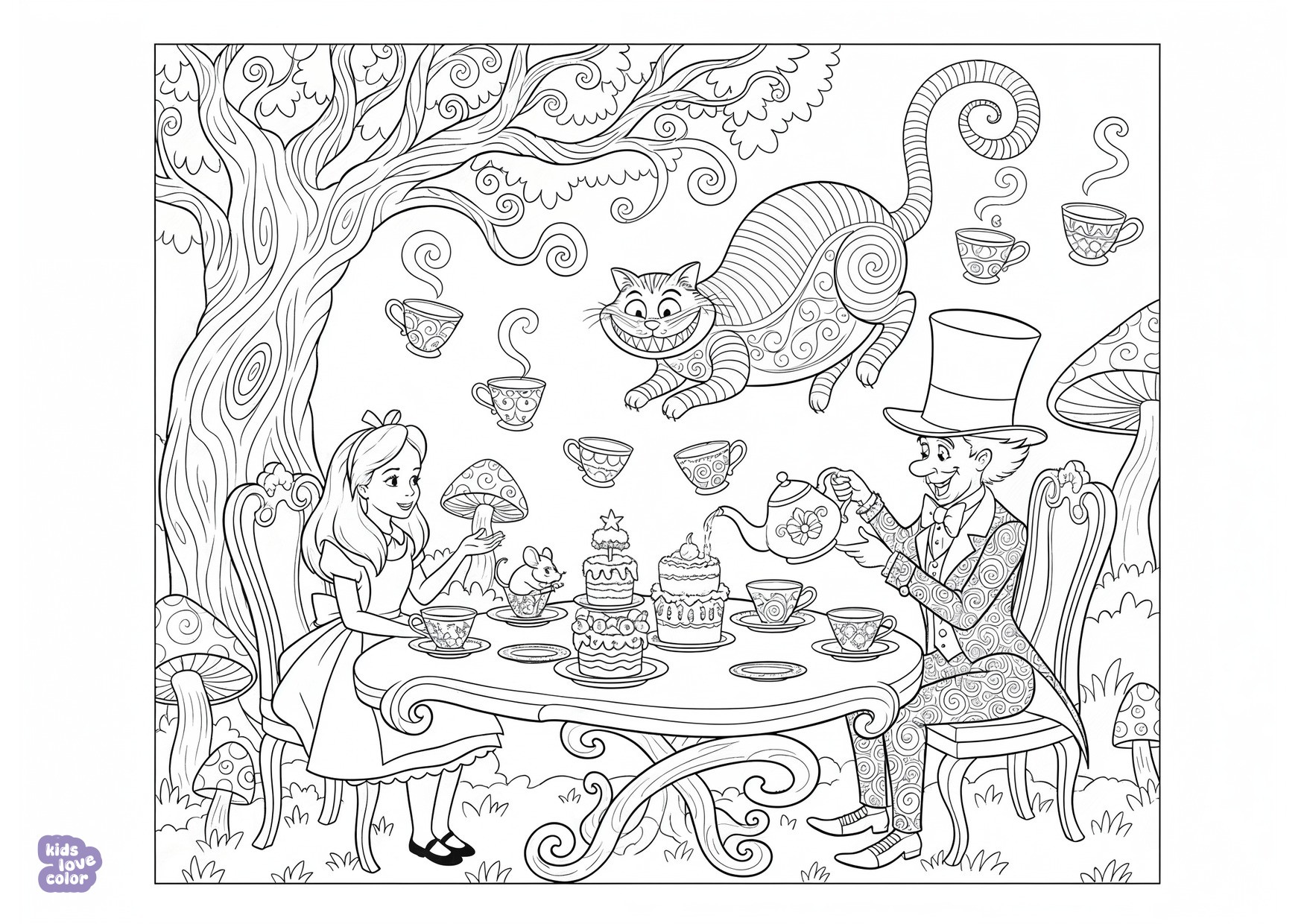 Gratis kleurplaat alice thee drinkend met de dolle hoedenmaker – kinderen