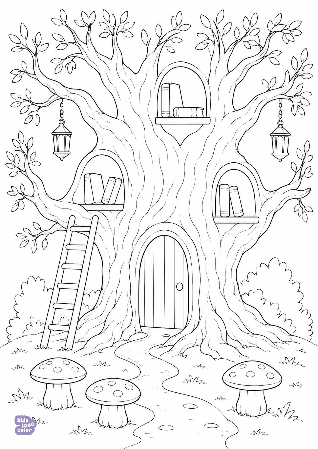 Kleurplaat van een magische bibliotheek in een grote boom met drie boekennissen, ladder, twee lantaarns en drie paddenstoelen