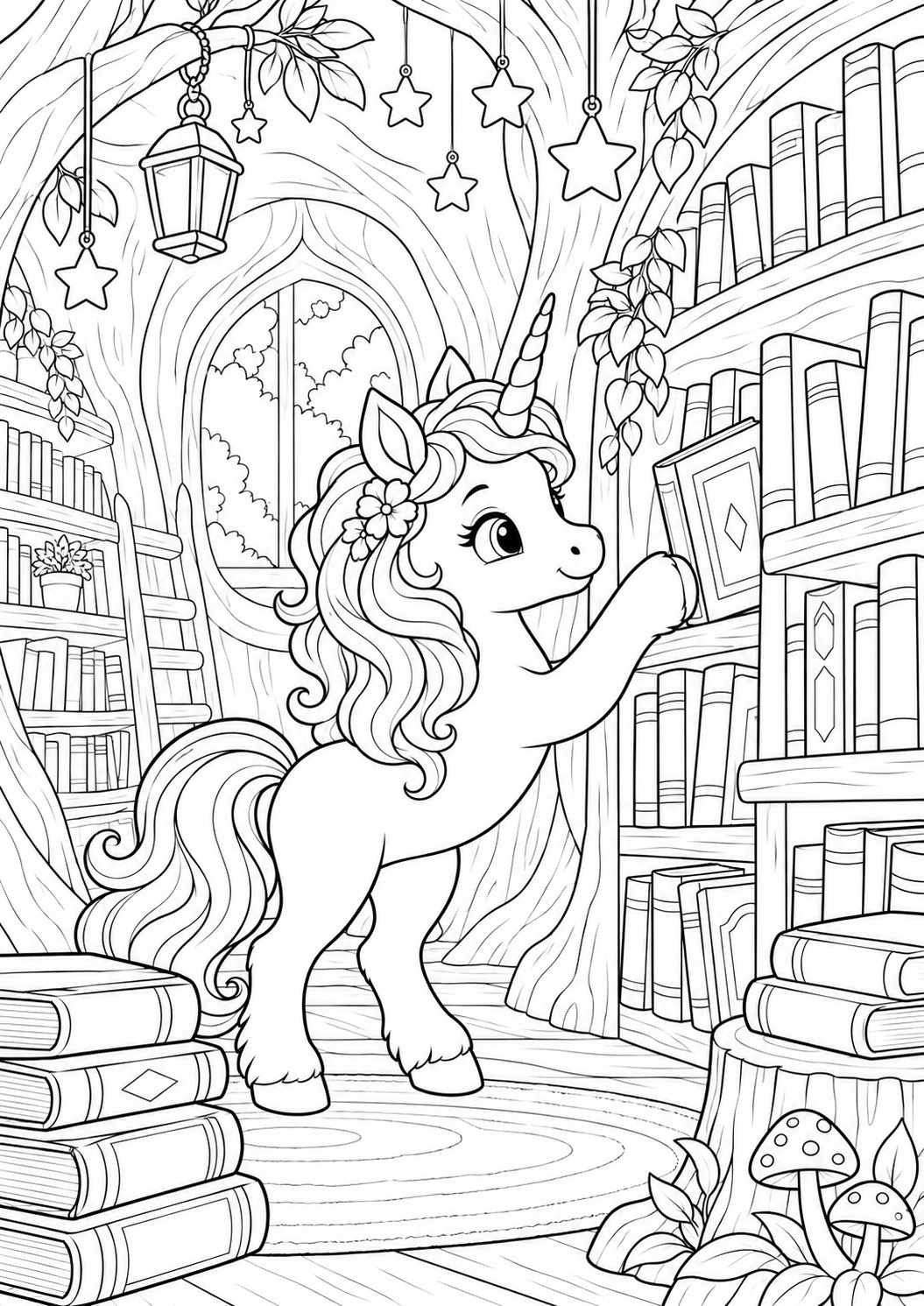 Kleurplaat: Eenhoorn in de Bosbibliotheek
