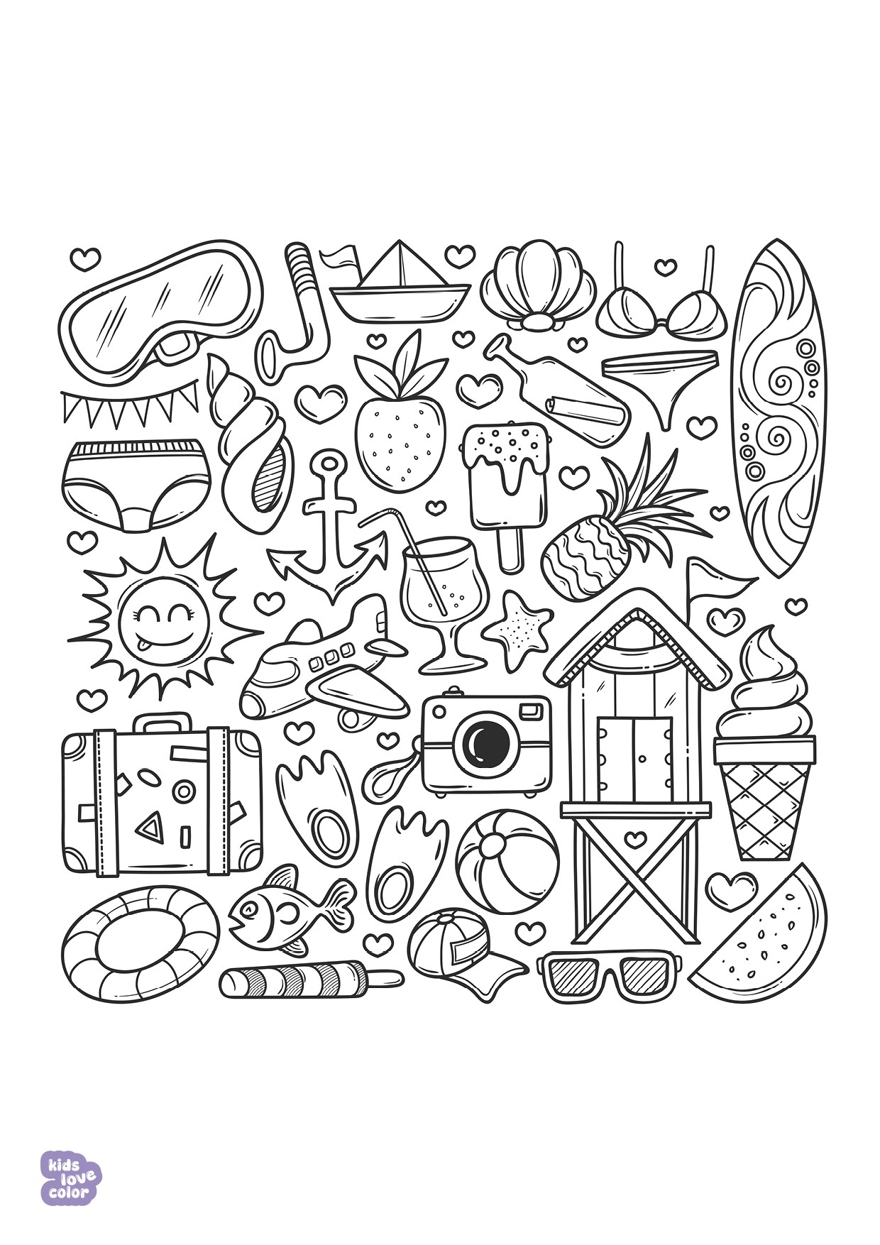 Gratis kleurplaat zomer doodle patroon – kinderen