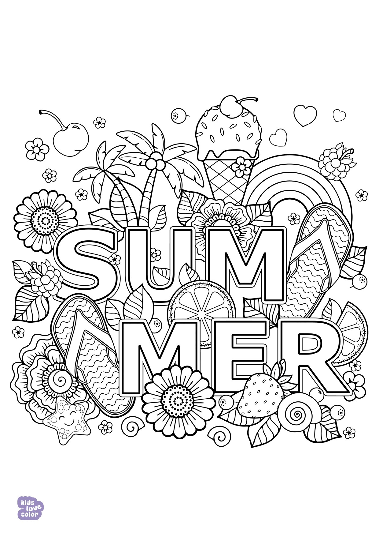 Gratis kleurplaat zomerbloemen en ijsje – kinderen