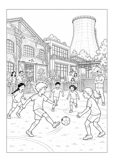 Kleurplaat over een oude fabriek die een voetbalpark werd in China
