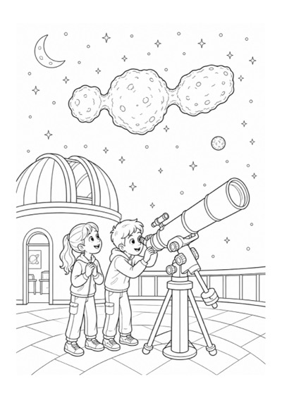 Kleurplaat over de driedelige asteroïde Nysa