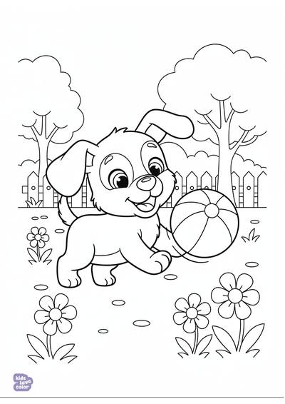 Gratis kleurplaat puppy spelend met een bal in de tuin – kinderen
