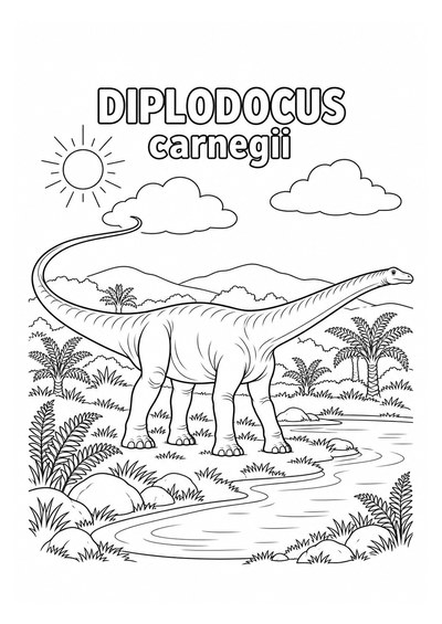 Kleurplaat: Diplodocus carnegii bij de Rivier