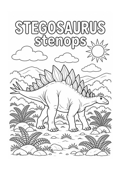 Kleurplaat: Stegosaurus stenops tussen Varens