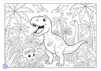 Gratis kleurplaat t-rex dinosaurus brullend in een oerwoud – kinderen