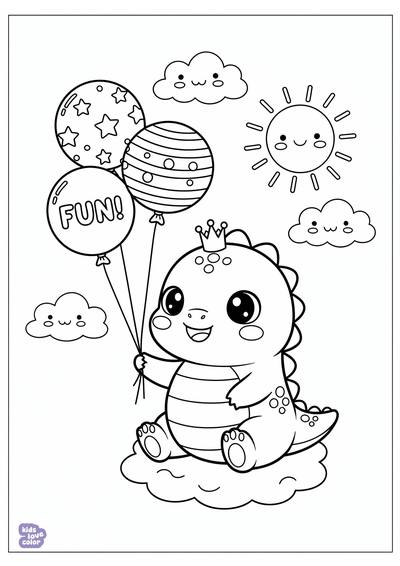 Gratis kleurplaat kawaii dinosaurus spelend met ballonnen – kinderen
