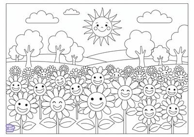 Gratis kleurplaat zonnebloemenveld onder een lachende zon – kinderen