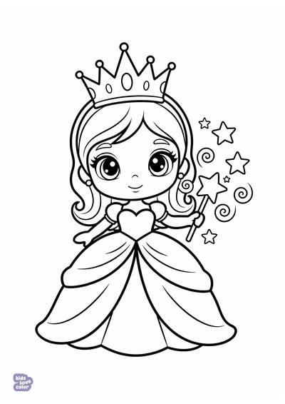 Gratis kleurplaat chibi prinses met kroon die een toverstokje vasthoudt – kinderen