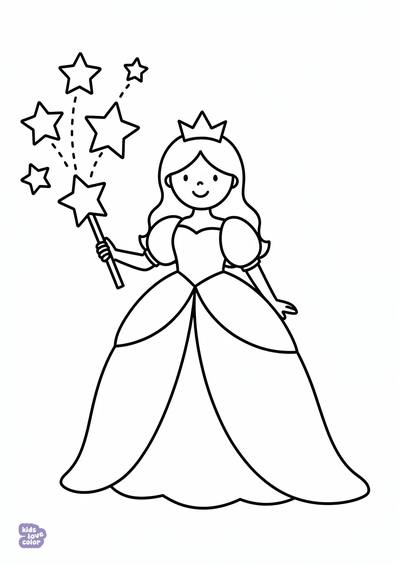 Gratis kleurplaat prinses met een toverstokje en sterren – kinderen