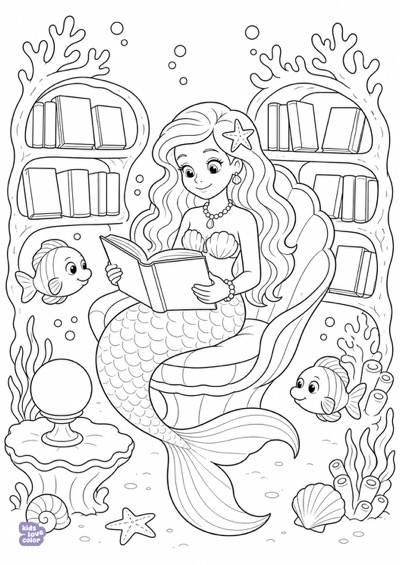 Kleurplaat van een zeemeermin die een boek leest in een onderwaterbibliotheek