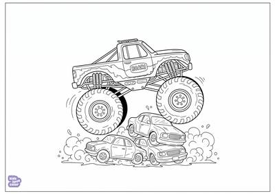 Gratis kleurplaat monstertruck die over auto's springt – kinderen