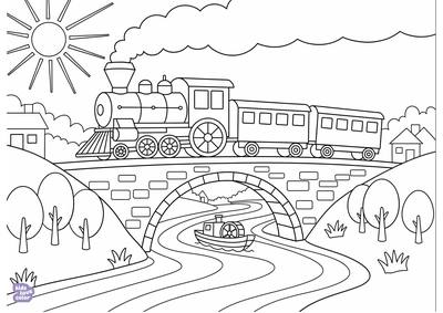 Gratis kleurplaat trein die een brug over een rivier oversteekt – kinderen
