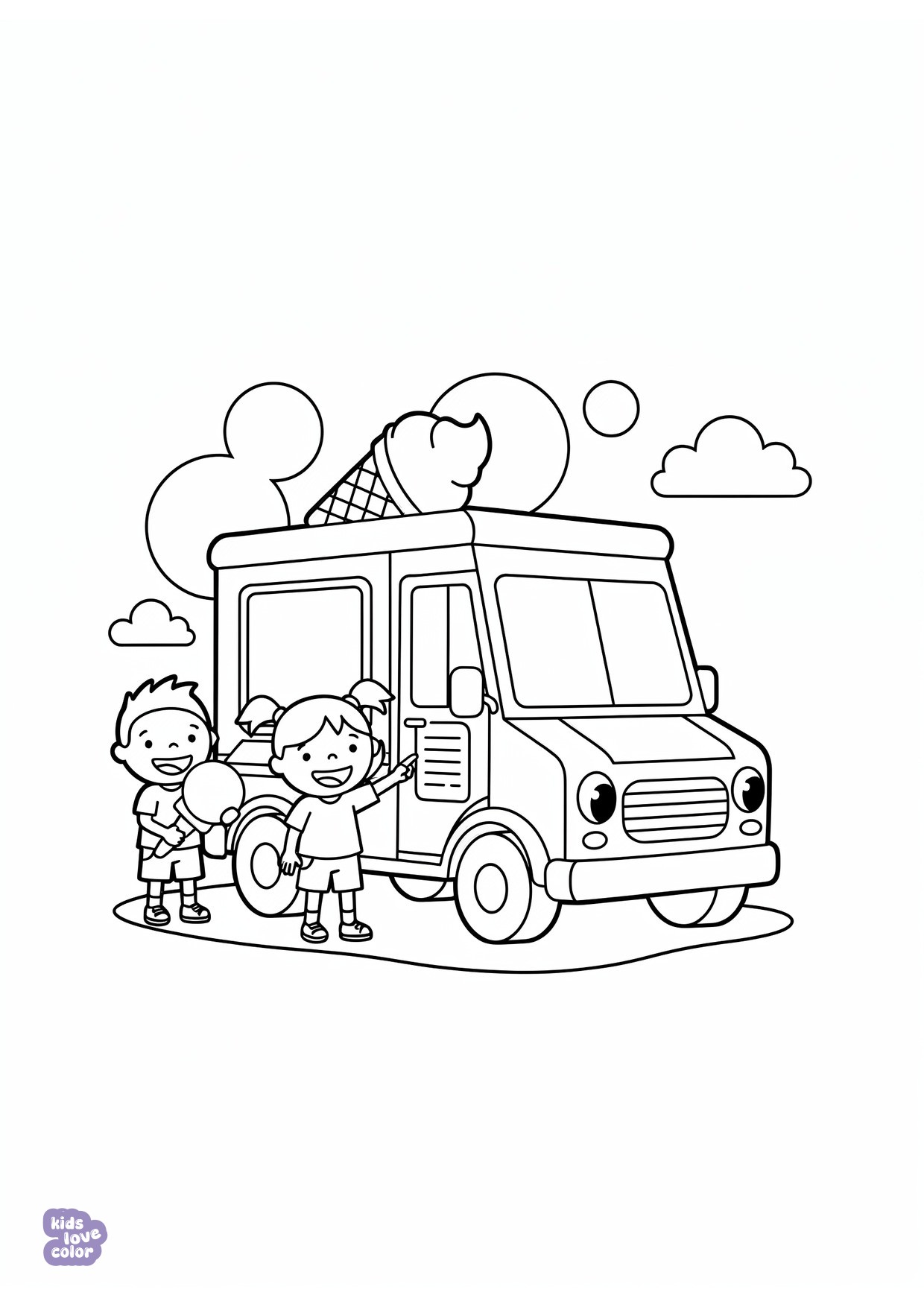 Gratis kleurplaat ijscowagen met kinderen die ijsjes kopen in de zomer – kinderen