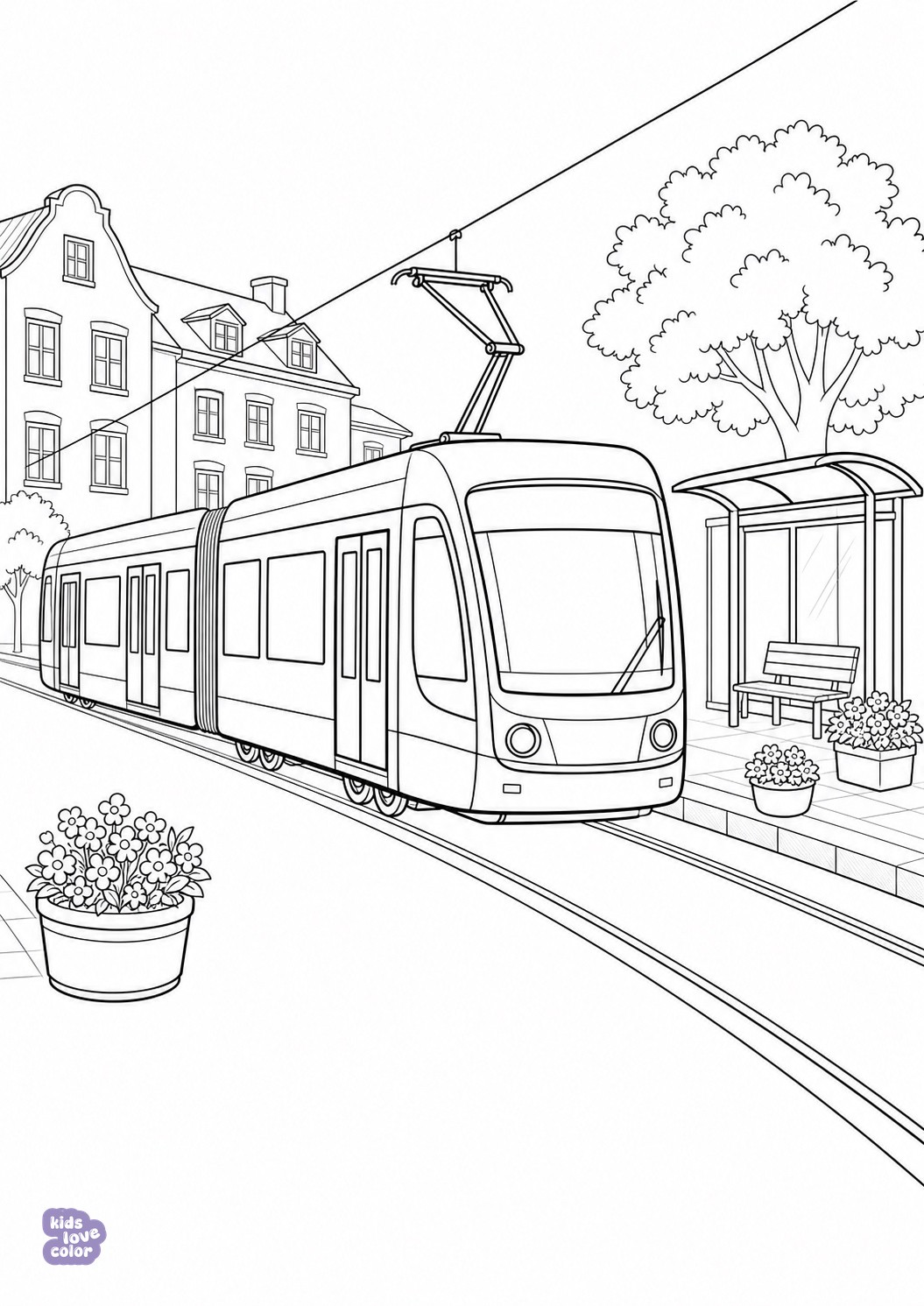 Makkelijke kleurplaat van een moderne stadstram bij een bloemrijke halte