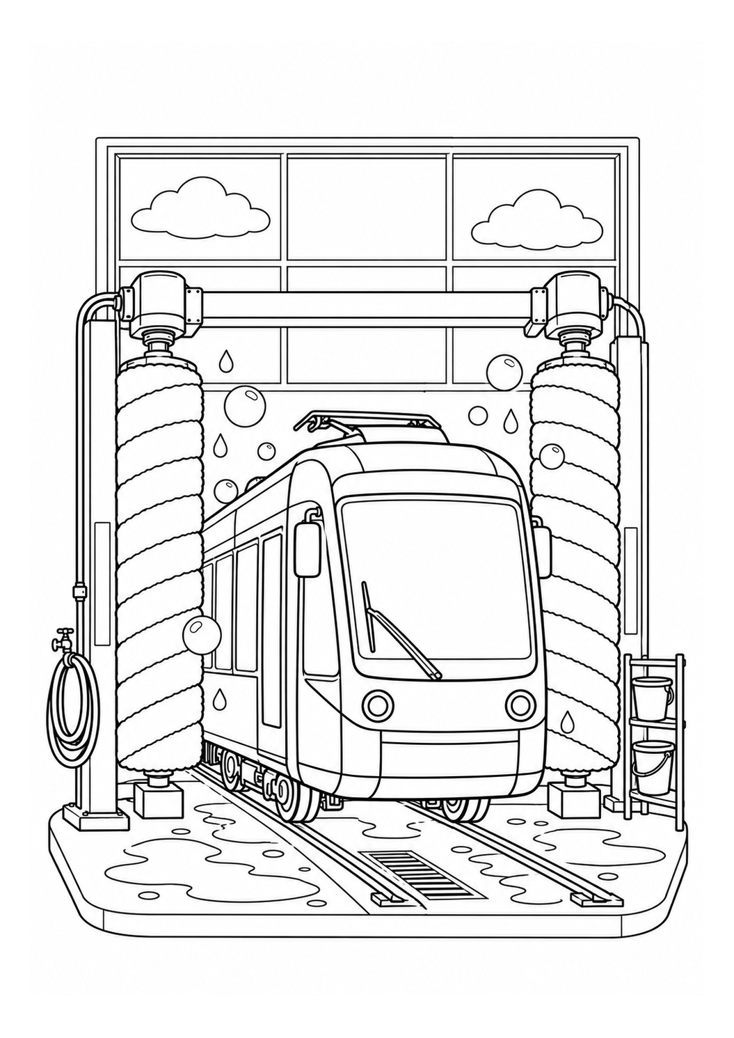 Kleurplaat: Stadstram in de Wasstraat van het Depot