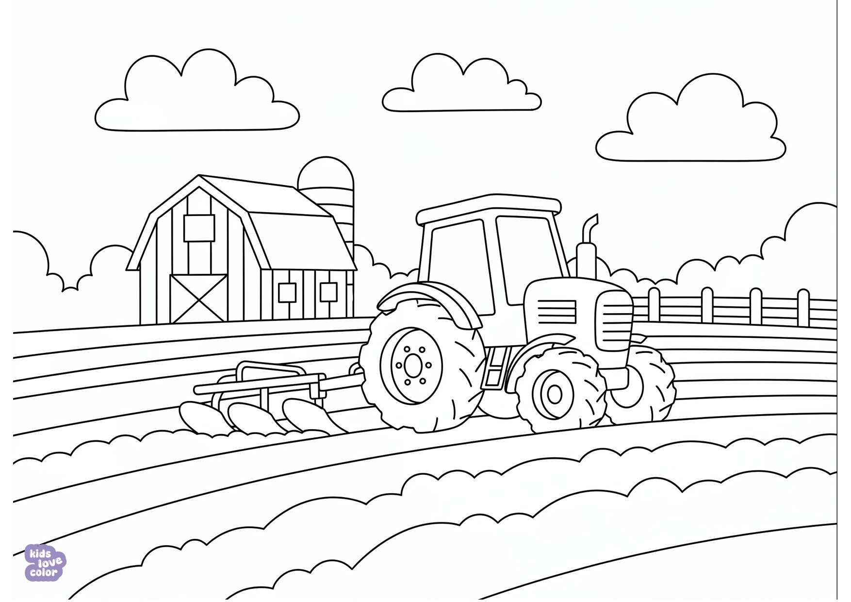 Gratis kleurplaat tractor werkend op een boerderijveld – kinderen